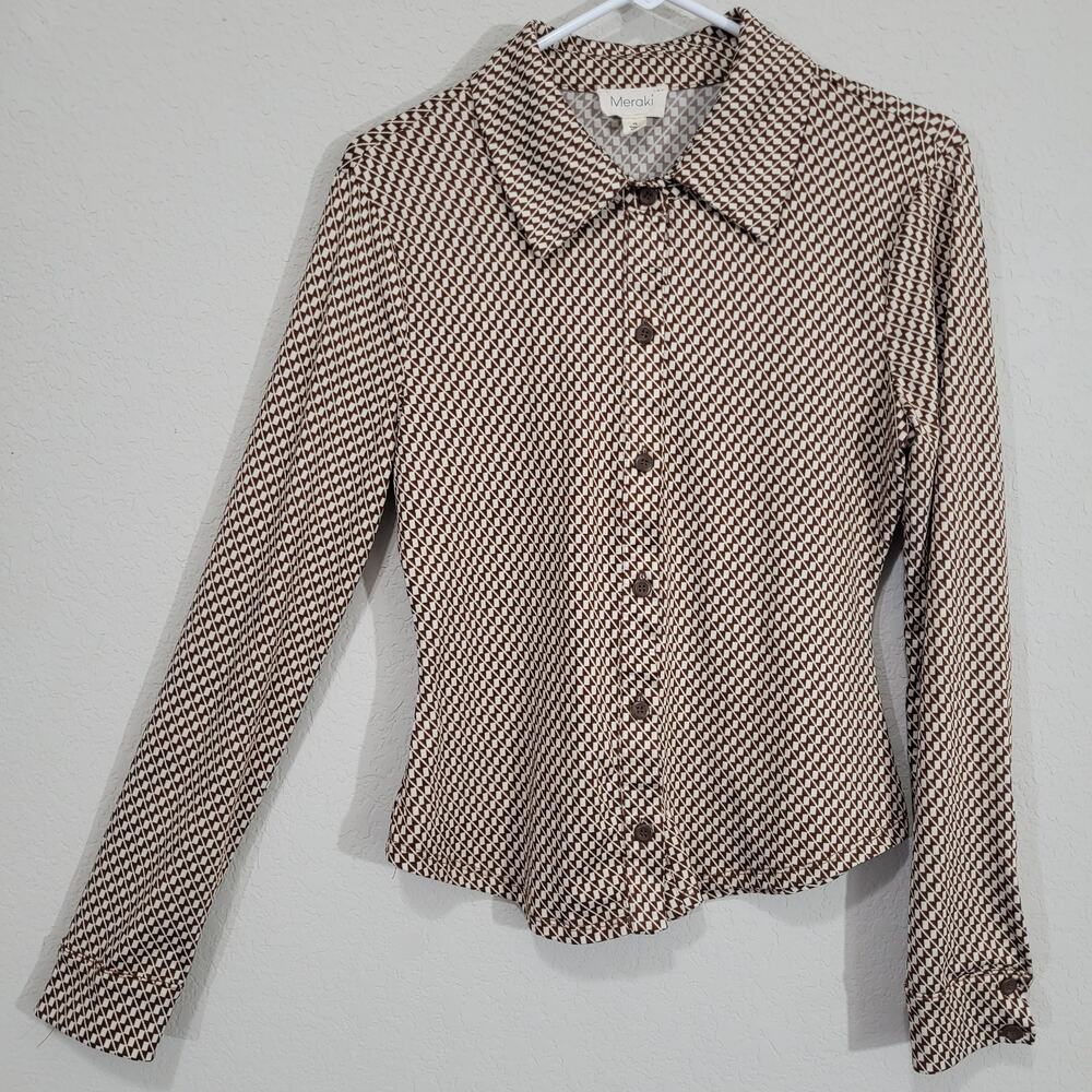 Meraki Button Up Shirt Womens Medium Long Sleeve Brown Geometric Fitted Office